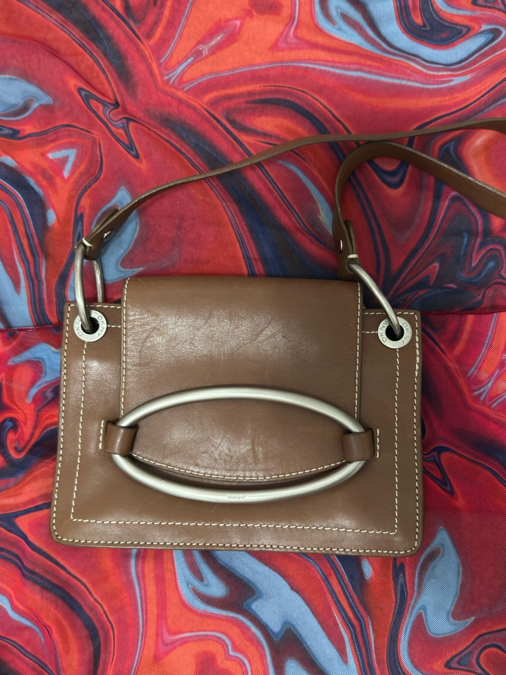 Vintage DKNY Brown Leather Flap Baguette Shoulder Bag 90s Minimalist